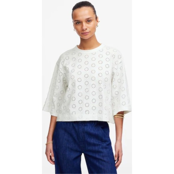 Madewell XS Eyelet Embroidered Boxy Crop Top Short Sleeve White Casual NWT $58 - Picture 1 of 11